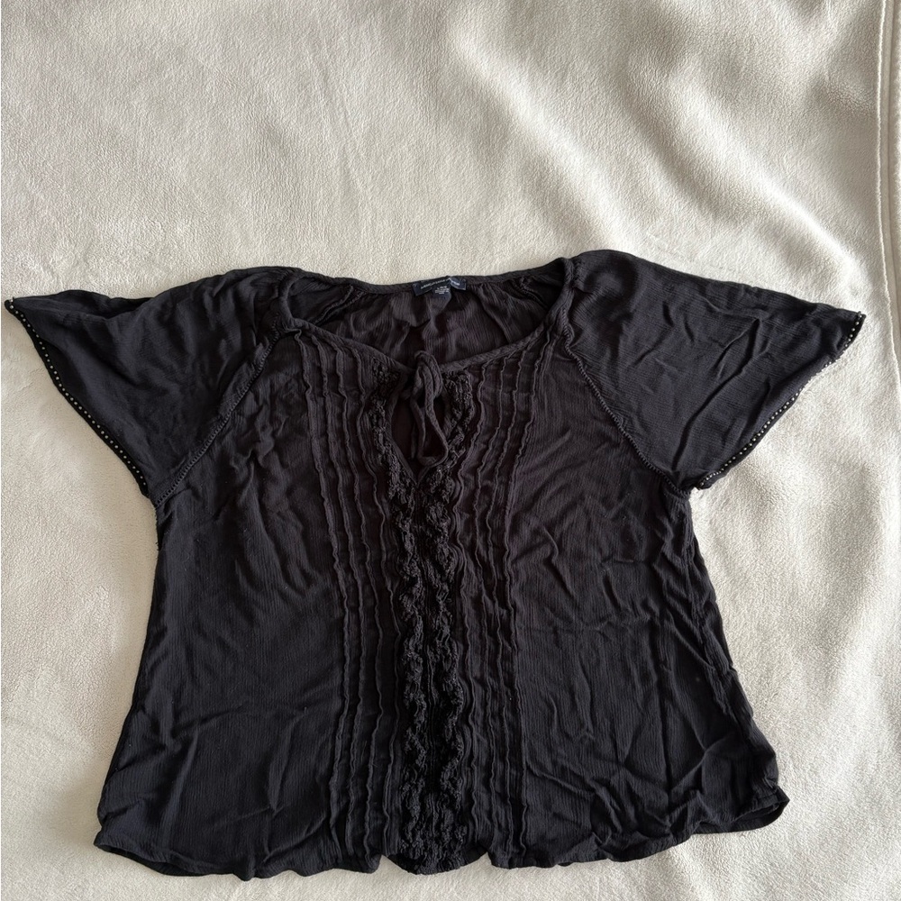 American Eagle Outfitters Black Ruched Tie Front Blouse